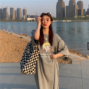 6535棉夏季新款韩版宽松字母印花学生开叉短袖中长款连衣裙女INS_921
