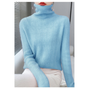 2023春秋季新款一线成羊毛针织衫女士堆堆领打底羊毛毛衣镂空长袖