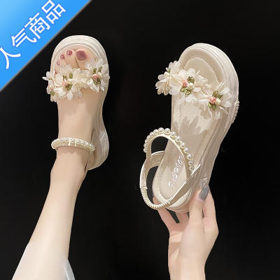 SUNTEK凉鞋女2023新款平底海边沙滩鞋仙女孕妇鞋外穿配裙子chic软底罗马