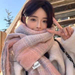 啄木鸟2024冬新款蓝咖格纹围巾女保暖高级感韩版复古百搭防寒围脖