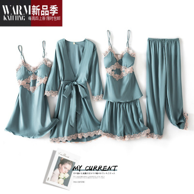 睡衣女春夏性感冰丝五件套带胸垫吊带短裤套装薄款睡袍睡裙家居服SHANCHAO