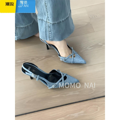聚范皮版~尖头包头凉鞋女蓝色牛仔布简约百搭交叉带单鞋细跟高跟鞋