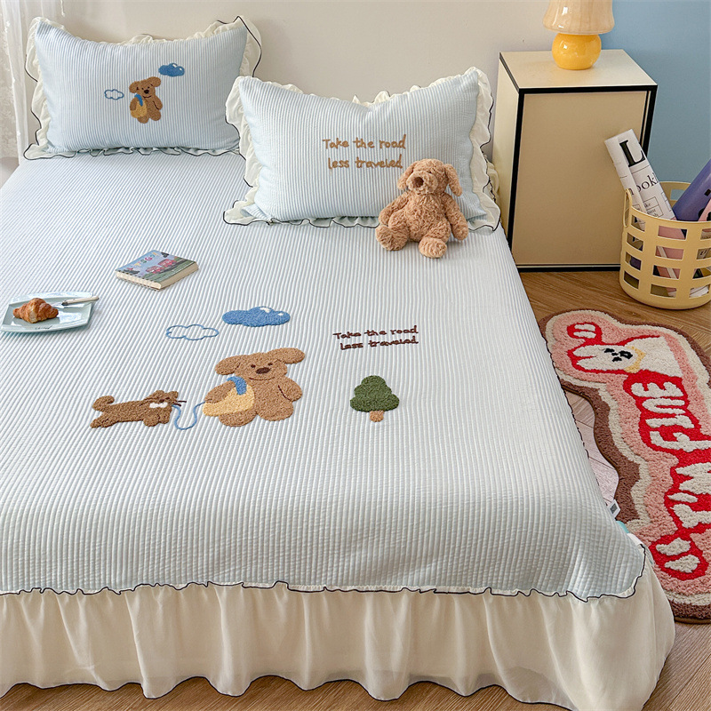 夏季卡通刺绣凉感席三件套床笠款床裙可机洗夏天空调软席子冰丝席