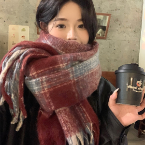 啄木鸟2024冬新款蓝咖格纹围巾女保暖高级感韩版复古百搭防寒围脖