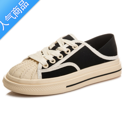 SUNTEK帆布鞋女夏款薄2023新款百搭透气低帮绿色厚底两穿贝壳头板鞋