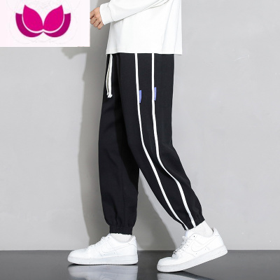 七斓日系条纹裤子男士夏季冰丝薄款潮牌宽松束脚卫裤运动休闲长裤