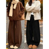 加绒棕色裤女冬新款小个子加厚灯芯绒宽松休闲镰刀阔腿裤_772_467