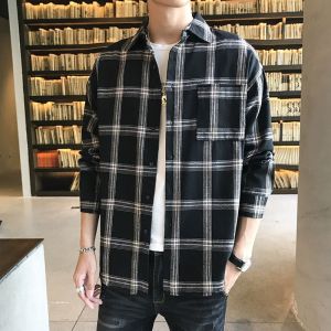 格子衬衫男长袖港风复古ins韩版宽松格子衬衣学院风磨毛外套
