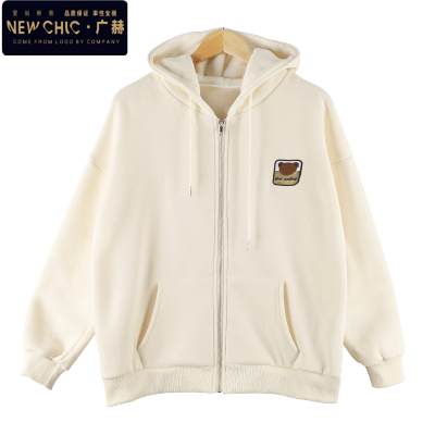 广赫帛卡琪2020新款秋冬宽松休闲开衫卫衣女刺绣加厚保暖外套连帽上衣卫衣