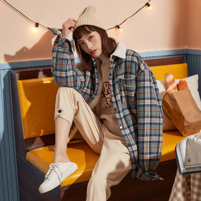 [3件8.5折110.4元,叠加优惠券]唐狮秋冬新款翻领拼接加绒格纹加厚保暖女外套韩风chic上衣秋