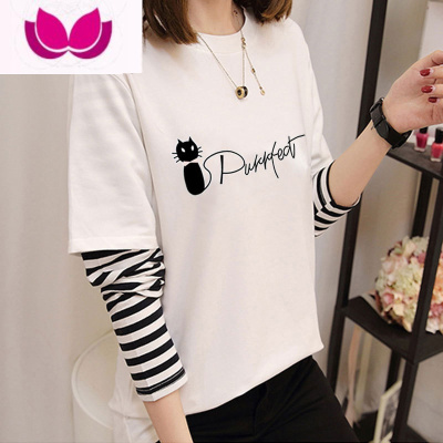 七斓早秋ins长袖t恤女新款韩版宽松百搭减龄假打底衫上衣潮