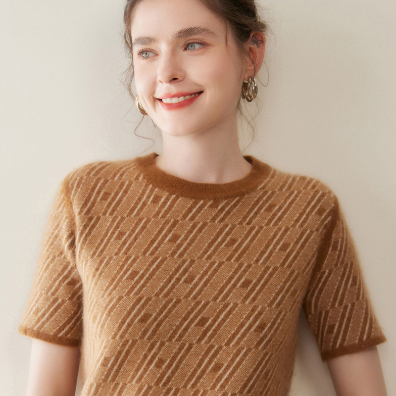 秋冬新款山羊绒衫女士圆领拼色半袖毛衣优雅风宽松显瘦斜纹打底衫