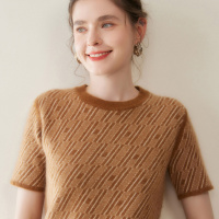 秋冬新款山羊绒衫女士圆领拼色半袖毛衣优雅风宽松显瘦斜纹打底衫