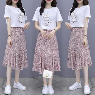 卡恋洛时尚套装女2021刺绣t短袖T恤碎花半身裙两件套洋气