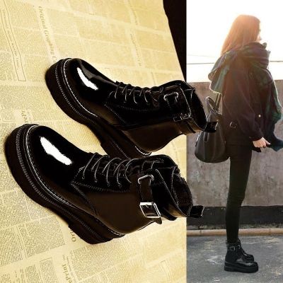 简翔马丁靴女2020新款百搭高帮鞋厚底加绒漆皮短靴学生松糕单鞋女靴子