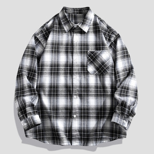 男装春秋季新款情侣格子衬衫男韩版潮流宽松翻领长袖衬衣绿色外套