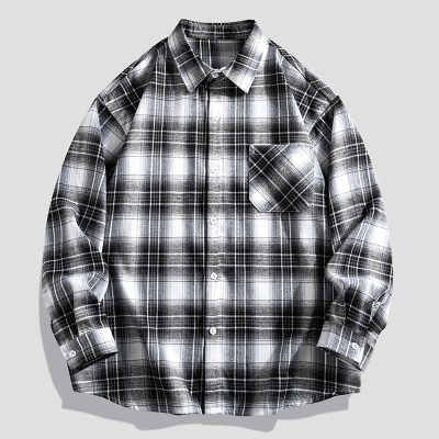 男装春秋季新款情侣格子衬衫男韩版潮流宽松翻领长袖衬衣绿色外套