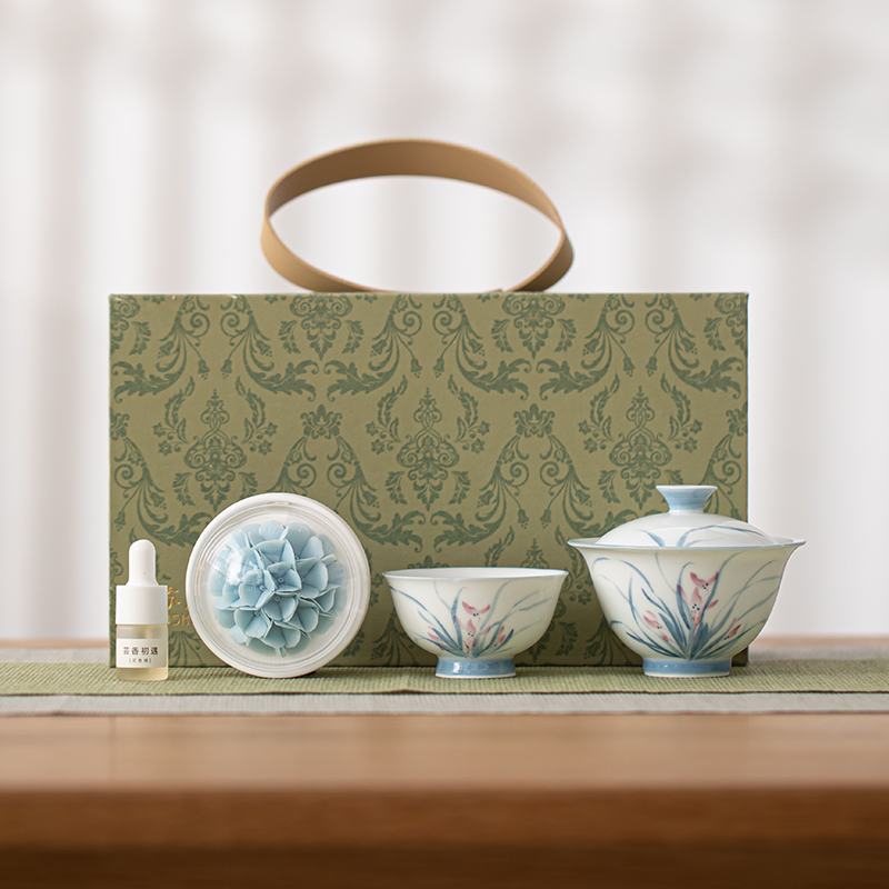 苏氏陶瓷(SUSHI CERAMICS)羊脂玉瓷手绘兰花盖碗香薰手捏花扩香器小套组