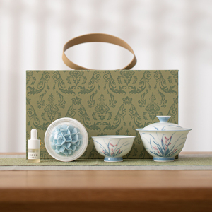 苏氏陶瓷(SUSHI CERAMICS)羊脂玉瓷手绘兰花盖碗香薰手捏花扩香器小套组