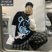 SUNTEK拼色假两件长袖T恤男潮牌胖子大码宽松上衣服春秋季港风百搭外套T恤