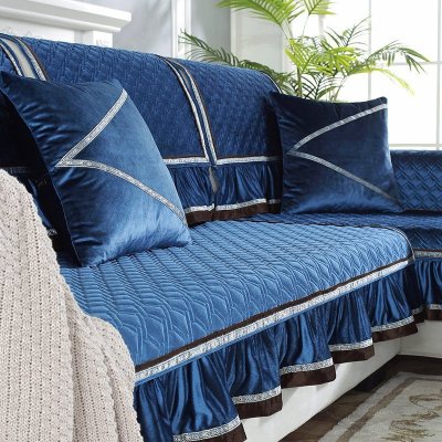 家柏饰(CORATED)毛绒沙发垫四季通用皮沙发防滑坐垫子简约现代时尚沙发套罩 暖熙-蓝色 90*120cm+花边