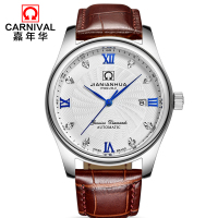 瑞士嘉年华CARNIVAL手表名匠系列男士全自动机械表 男休闲时尚日历防水背透精钢真皮表带商务男表 腕表8828G水钻款