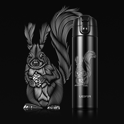 家柏饰(CORATED)弹跳盖保温杯男一键开启翻盖保暖水杯雅黑色500ml魔王松鼠