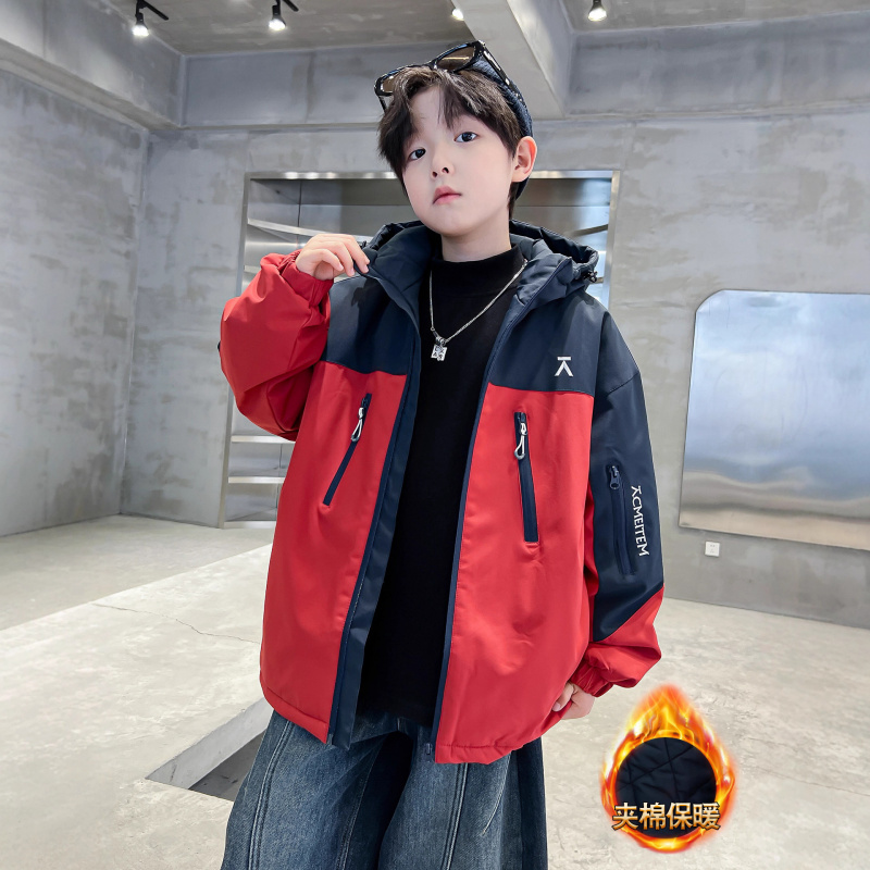 男童冬装夹棉冲锋衣外套新款中大童秋冬款男孩冬季加厚风衣潮