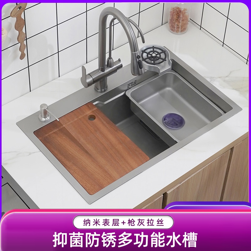 厨房枪灰色304不锈钢网红水槽单槽古达纳米油污洗碗盆洗菜盆