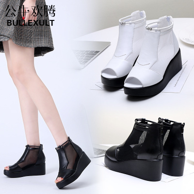 公牛欢腾2019夏天夏季新款真皮坡跟女凉鞋舒适罗马女鞋中年妈妈鱼嘴纱42