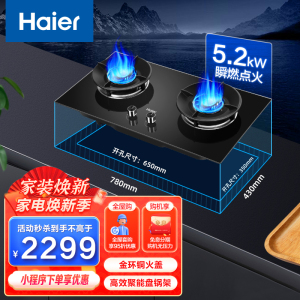 Haier海尔燃气灶 天然气燃气灶 5.2KW家用大火力一级能效双眼灶 瞬燃点火聚能环锅架 JZT-QG31(12T)