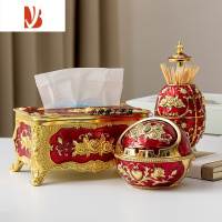 三维工匠欧式网红奢华塑料纸巾盒牙签筒烟灰缸家用客厅办公室长方形抽纸盒 皇冠纸巾盒3件套金大红