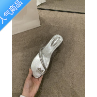 SUNTEK气质凉拖外穿女鞋子2023年春夏新款低跟水钻透明一字带银色凉鞋