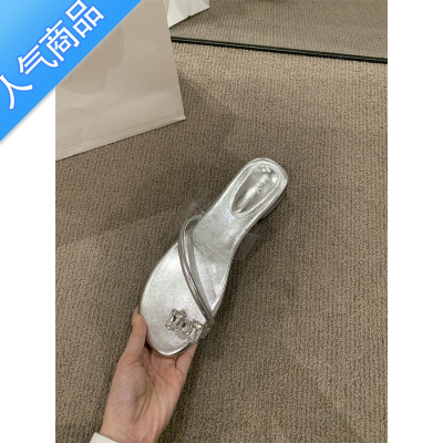 SUNTEK气质凉拖外穿女鞋子2023年春夏新款低跟水钻透明一字带银色凉鞋