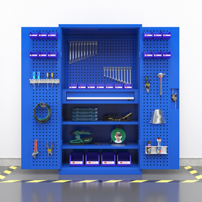 臻远重型五金工具柜铁皮柜双开门置物柜多功能零件柜~三层板一抽+门挂板+背挂板(蓝色)