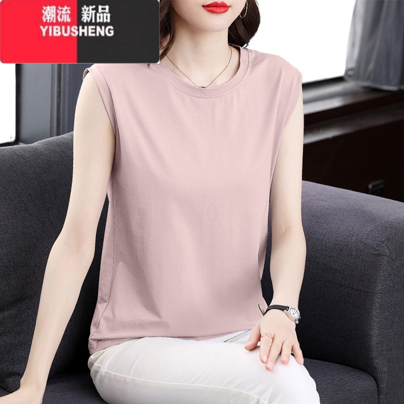 YIBUSHENG无袖t恤女装2024季新款粉色背心体恤衫大码胖mm宽松上衣服
