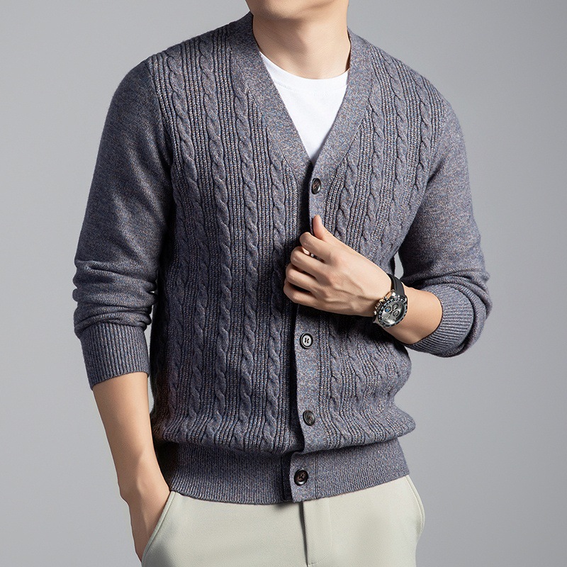 羊毛针织开衫男秋季新款时尚V领提花男士毛衣外套