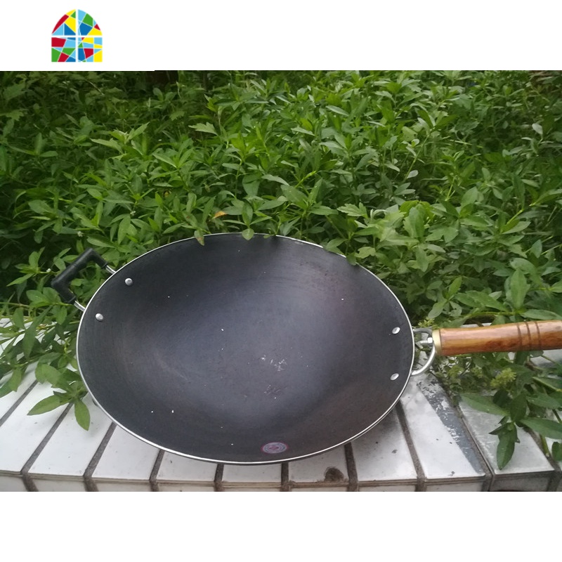广西老式铁锅 传统锅生铁锅尖底圆底炒锅家用轻便炒菜锅 FENGHOU 34厘米口径老款木柄锅+熟铁盖