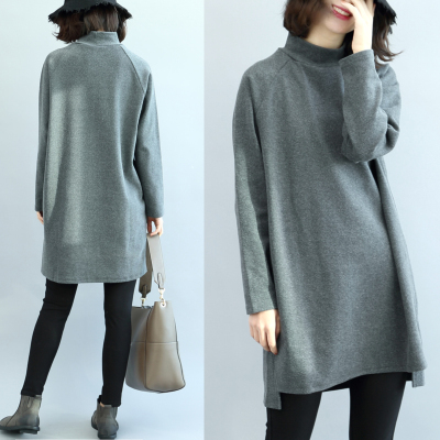 广赫清濯休闲简洁纯色卫衣小高领前短后长小开叉驼长袖套头长款文艺卫衣