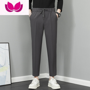 七斓系绳松紧腰九分裤子男士百搭韩版直筒坠感休闲裤网红潮牌男生西裤