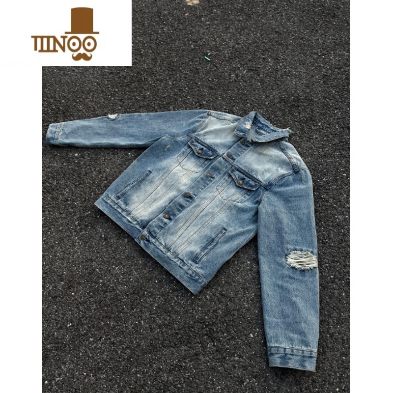 YANXUGTAL美式休闲牛仔衣蓝色水洗做旧春季破洞百搭情侣复古夹克外套