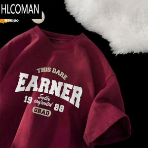 HLCOMAN酒红色260G短袖t恤男2025新款休闲体恤宽松上衣