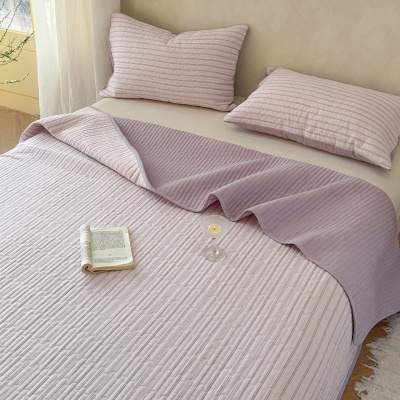 紫色条纹全棉水洗棉床盖单件四季通用纯棉夹棉床单防滑床垫三件套_897