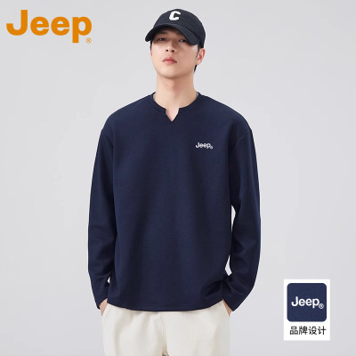 JEEP吉普280g重磅V领卫衣男士春秋款宽松内搭长袖t恤打底衫上衣