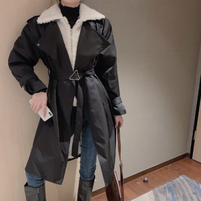 FISHBASKET假两件中长款过膝羔毛外套女韩版新款chic洋气百搭长袖风衣风衣女黑色均码
