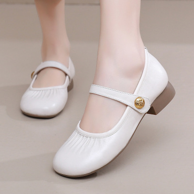 柔软褶皱真皮平底玛丽珍春秋方头扣带复古软底真皮舒适女单鞋