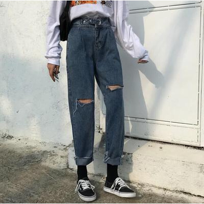 迪鲁奥（DILUAO)2021年秋季冬女装街头潮款破洞涂层牛仔布裤高腰显瘦宽松长裤子深蓝默认颜色L