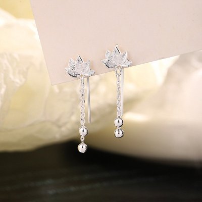 s925纯银针莲花流苏耳钉女款高级感小众国风耳坠新中式轻奢耳饰送女朋友老婆情人节七夕生日礼物