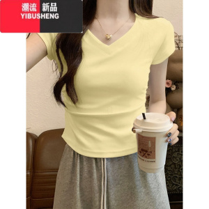 YIBUSHENG奶黄色多巴胺短袖女紧身t恤短款新款修身甜辣半袖黄色上衣