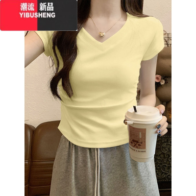 YIBUSHENG奶黄色多巴胺短袖女紧身t恤短款新款修身甜辣半袖黄色上衣